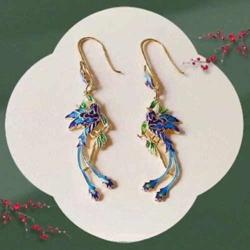 Chinese Royal Cloisonné Earrings-Phoenix n Flower