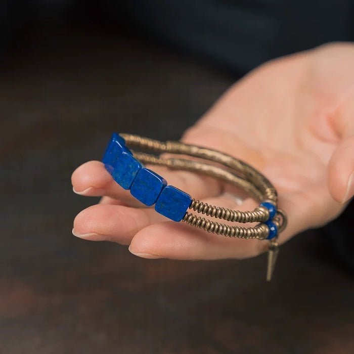 Lapis Lazuli Square Plate Bracelet with Bronze Bangles