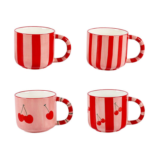 Cherry red striped mugs - set of 4