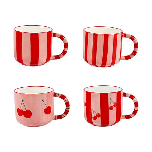 Cherry red striped mugs - set of 4