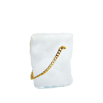 Transparent white glass bag vase with gold handle 20x12x24cm
