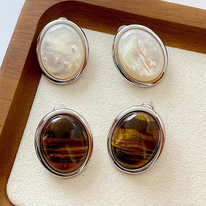 Bold Look Tiger Eye Stone and MOP Oval Ear Studs