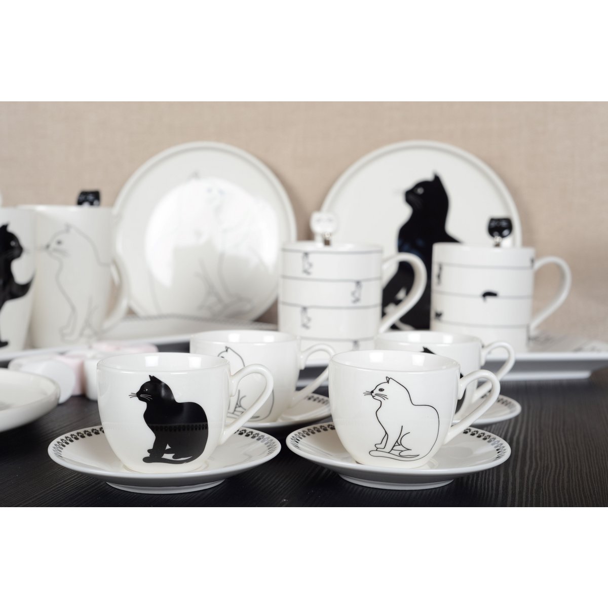 BLACK AND WHITE CAT COFFEE CUPS WITH SAUCERS - SET OF 4