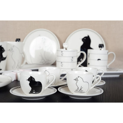 BLACK AND WHITE CAT COFFEE CUPS WITH SAUCERS - SET OF 4