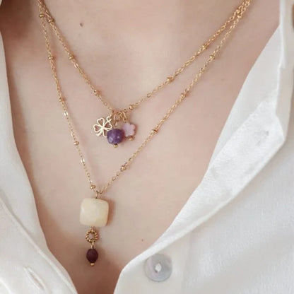 Amethyst, Rhodochrosite & Four Leaf Clover Necklace - Gold
