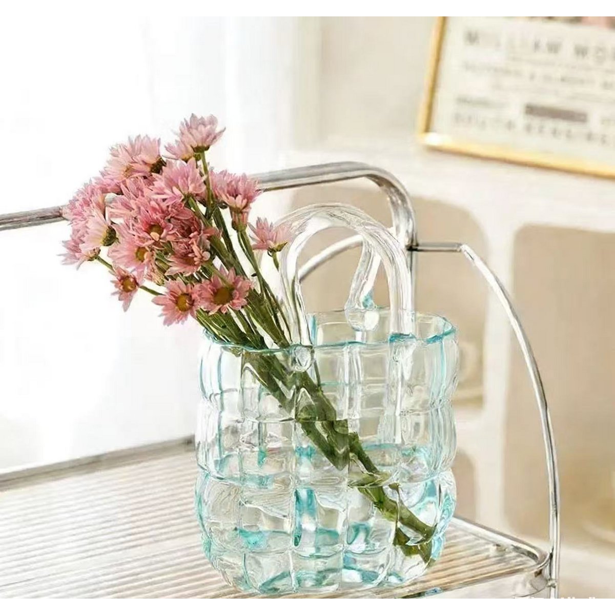 Transparent blue quilted handbag vase 19x10x27cm