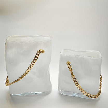 Transparent white glass bag vase with gold handle 20x12x24cm