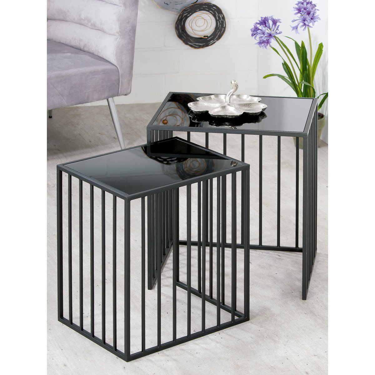 Metal glass set of 2 side tables "Straight" rectangular