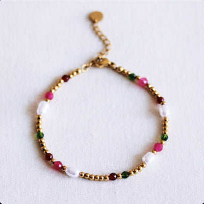 Beaded necklace with pearls and facets - green/fuchsia/red