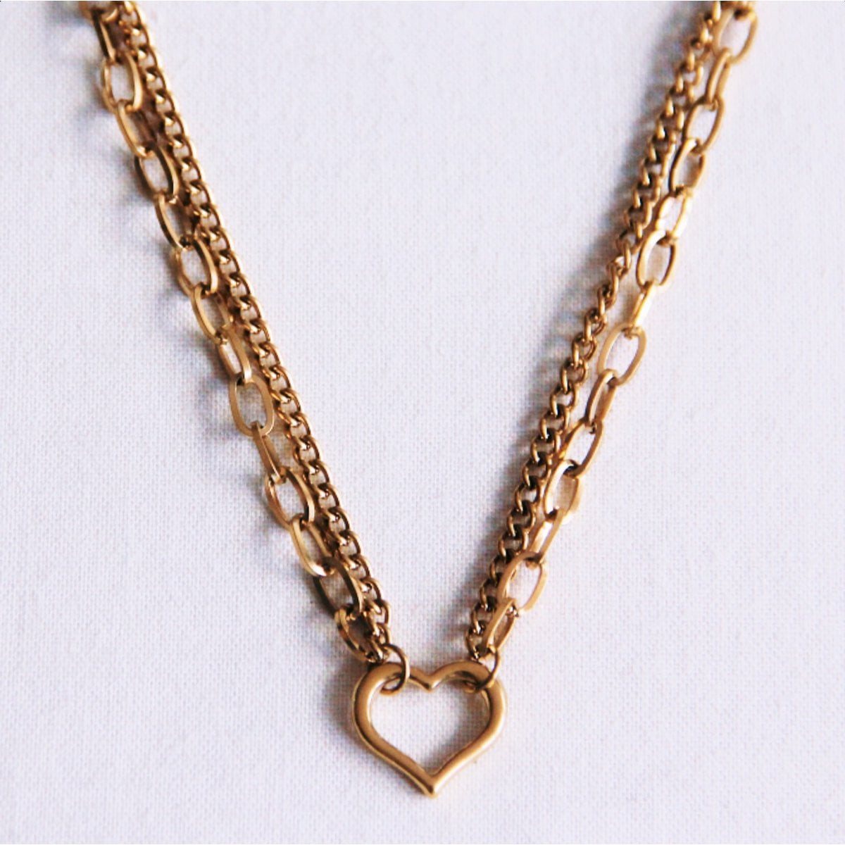 Double chain necklace with open heart - gold