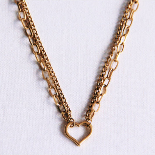 Double chain necklace with open heart - gold