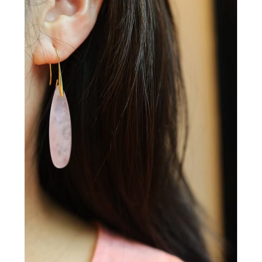 Minimalist Rose Quartz Crystal Waterdrop Formed Earrings