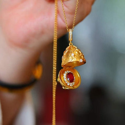 Real Ruby Royal Gold Egg Locket Pendant Necklace