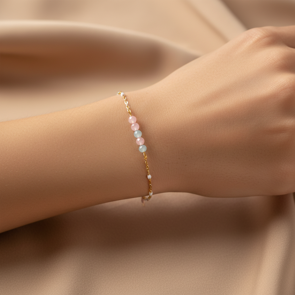 Aquamarine and Rose Quartz Bracelet - Gold