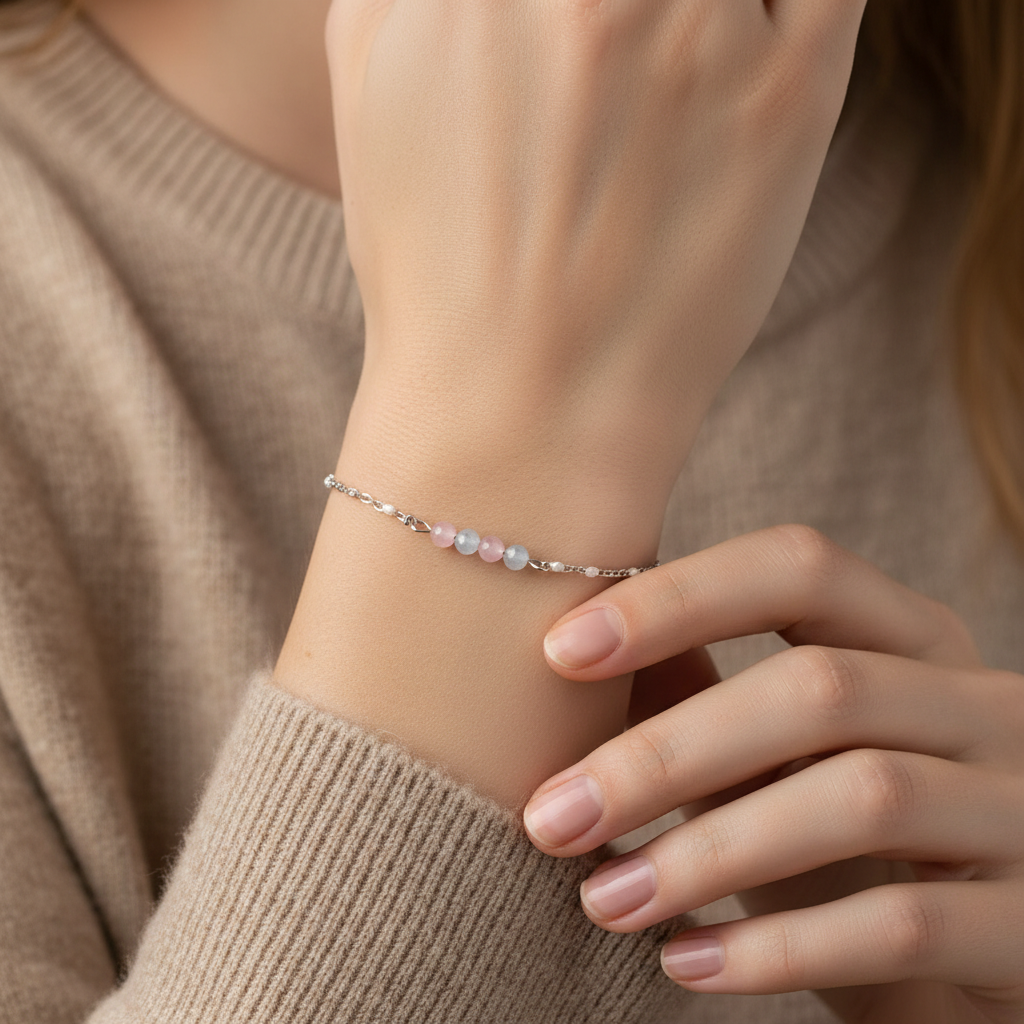 Aquamarine and Rose Quartz Bracelet - Silver