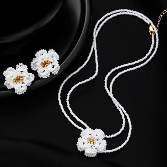 Handmade Daisy Beaded Necklace & Earrings Set