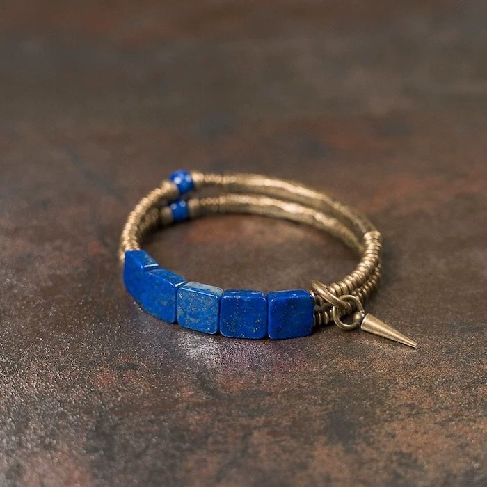 Lapis Lazuli Square Plate Bracelet with Bronze Bangles