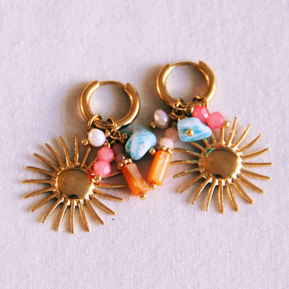 Stainless steel hoop earrings with sun and colored cluster