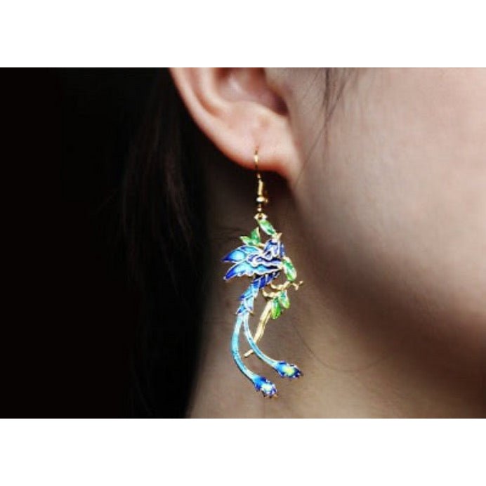 Chinese Royal Cloisonné Earrings-Phoenix n Flower