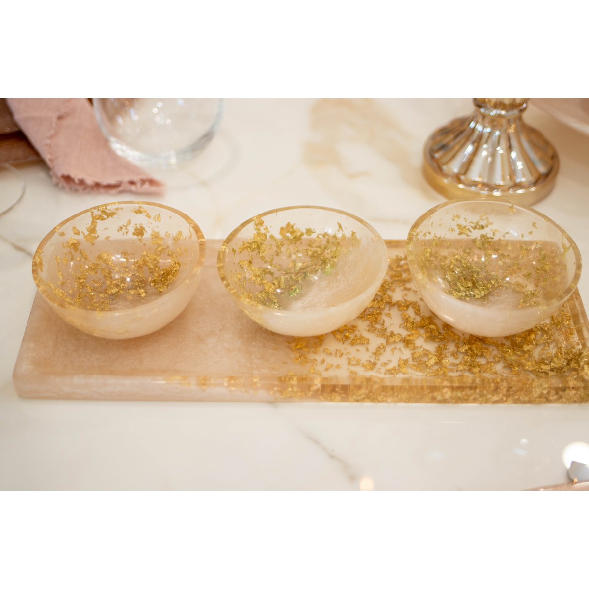 Aperitif set of 3 cups on a glitter resin tray