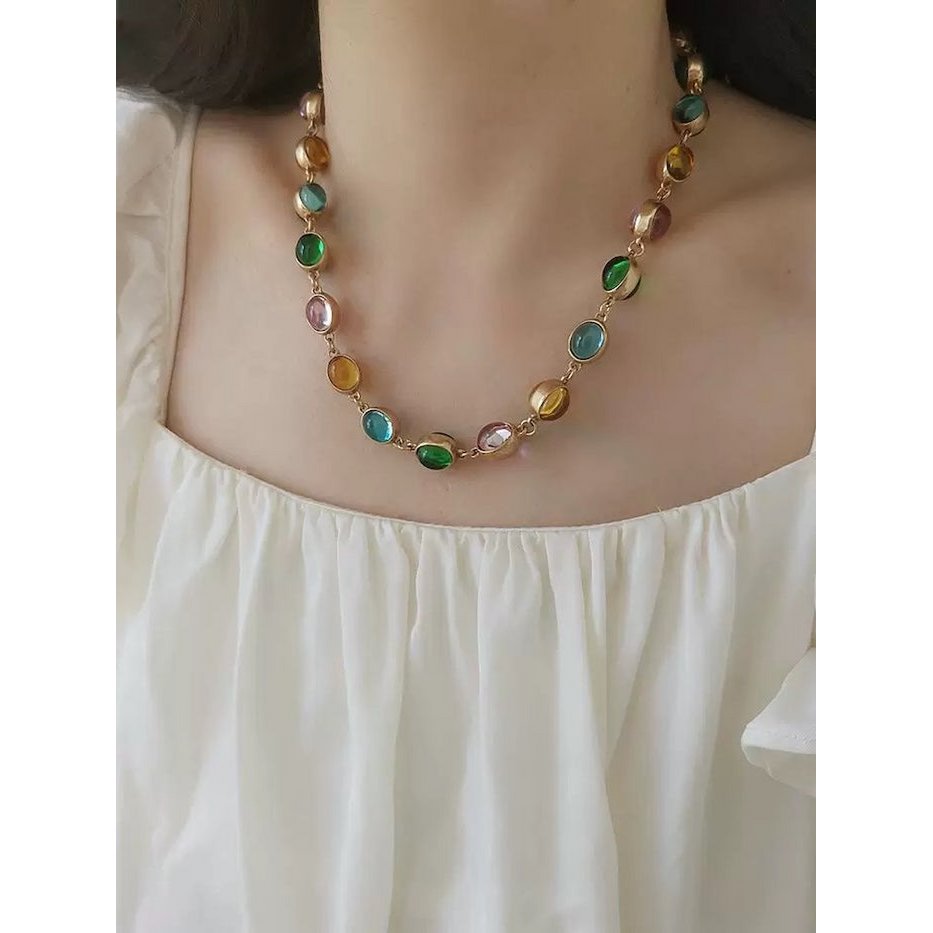 Vintage Rainbow Stones Necklace & Bracelet Set