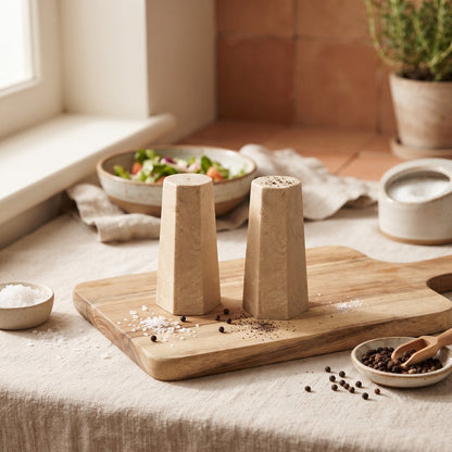 Salt and pepper shakers in travertine effect resin