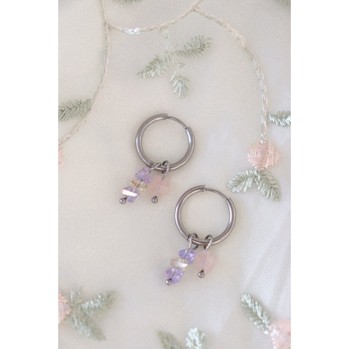 Rose Quartz Flower & Crystal Earrings - Silver