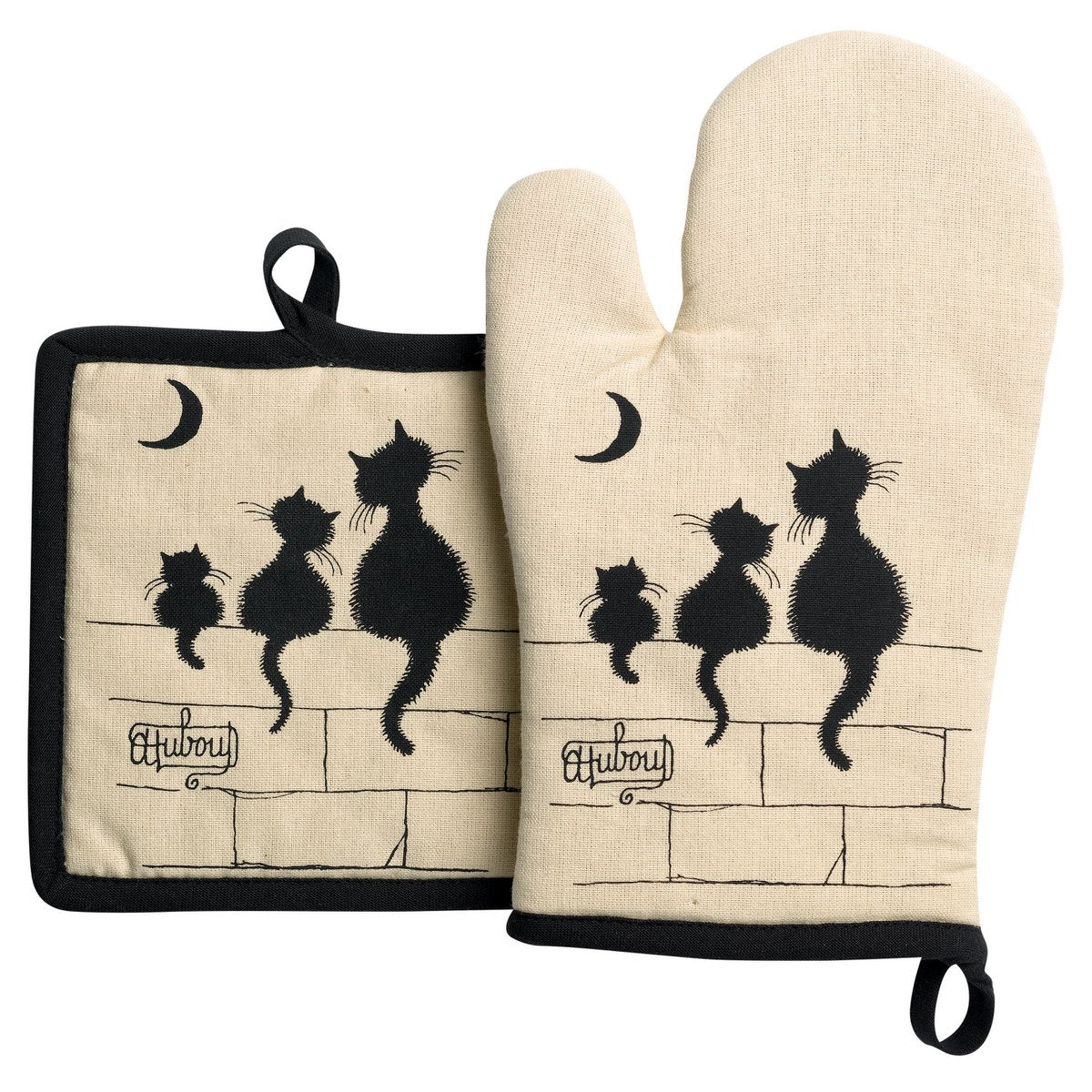 Dubout glove/potholder set 3 beige cats 18 x 28