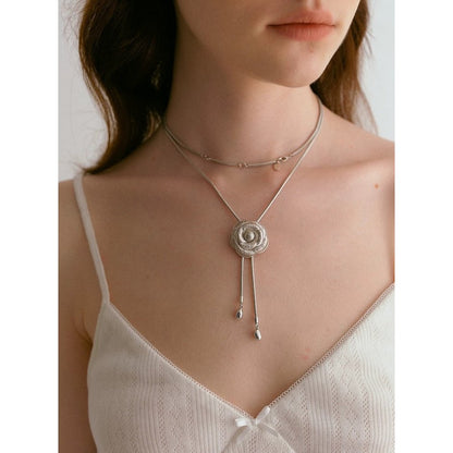 Sophisticated Silver Camellia Necklace and Earrings Set