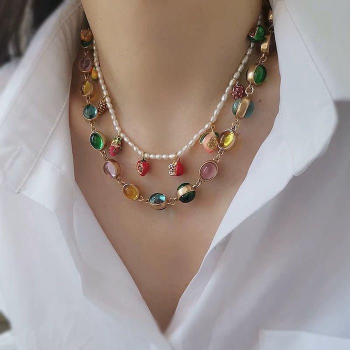 Vintage Rainbow Stones Necklace & Bracelet Set