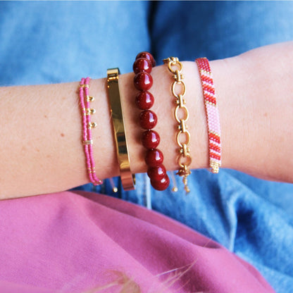 Double miyuki bracelet with 3 mini hearts - magenta