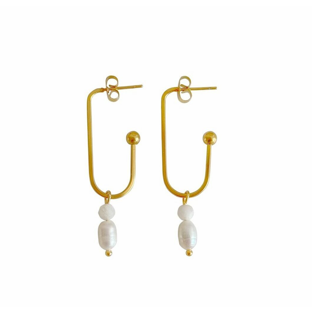 Pearl and Moonstone Elongated Earrings - Gold