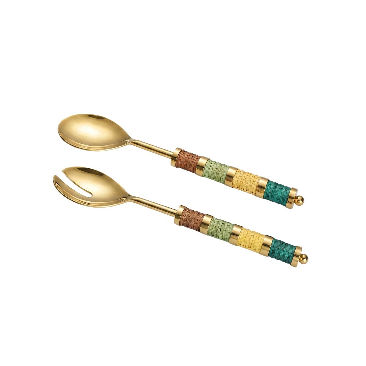 Gold salad servers with multi-colored braided handle