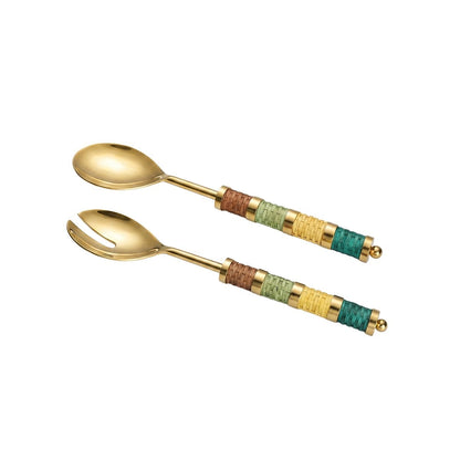 Gold salad servers with multi-colored braided handle