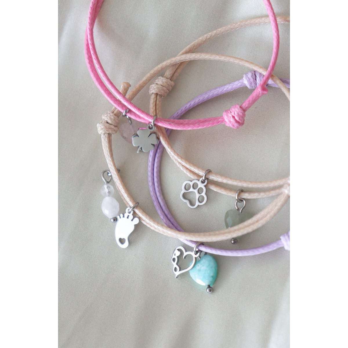 Wax Cord Bracelet Baby Foot, Jade and Labradorite - Silver