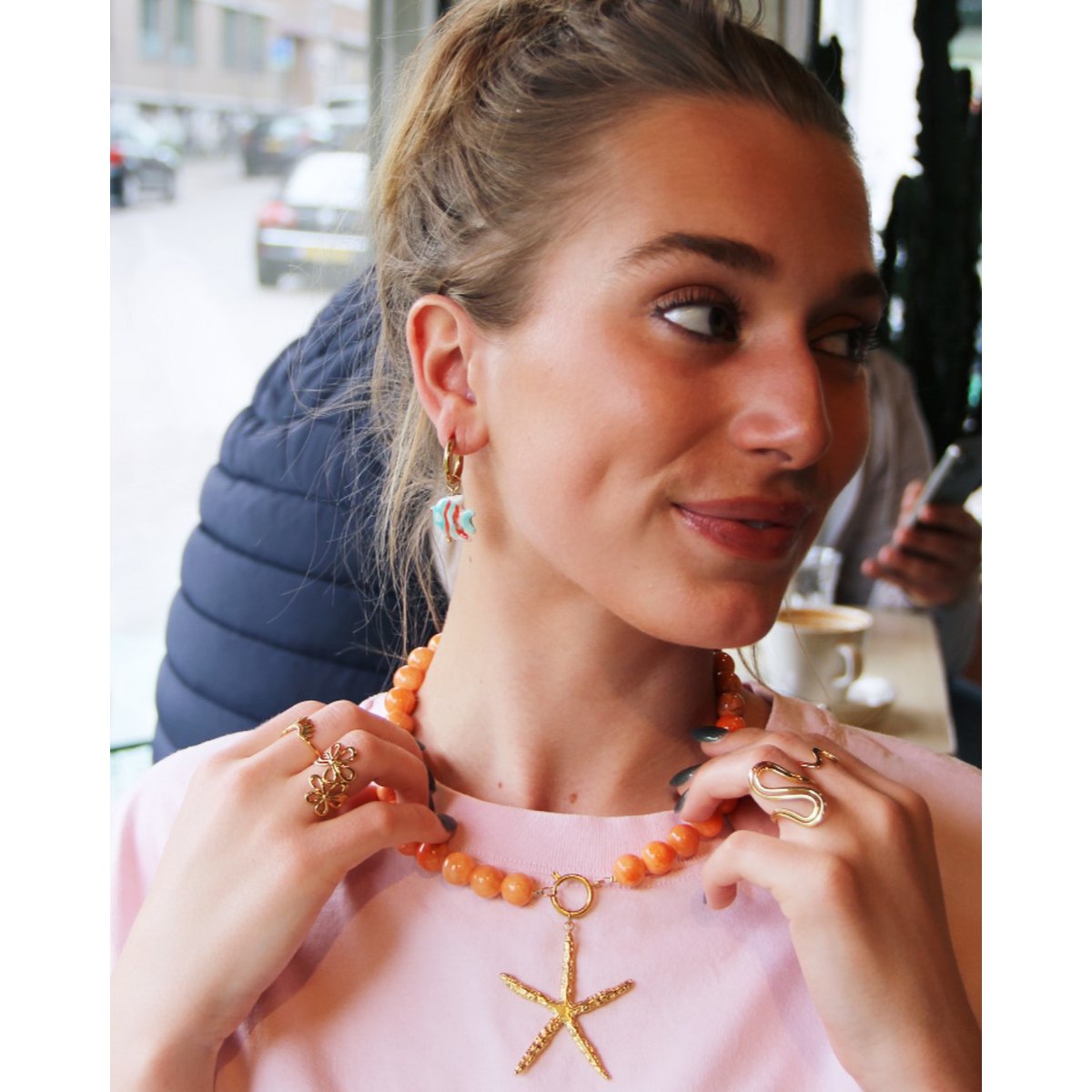 Natural stone bead necklace XL - fuchsia