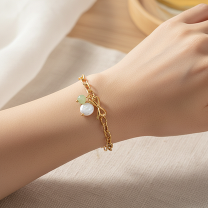 Bow, Shell & Jade Bracelet - Gold