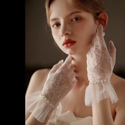 Delicate Lace Bride Gloves with Pearls-For slim hands