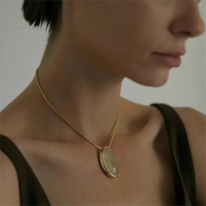 Minimalist Gold Rutilated Quartz Oval Pendant Necklace