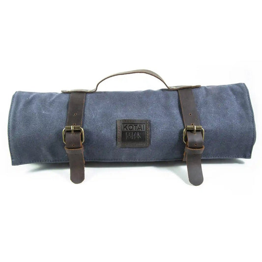 Kitchen Accessories - KOTAI knife roll-up bag - top grain leather and waxed canvas (can hold 8 knives + accessories)