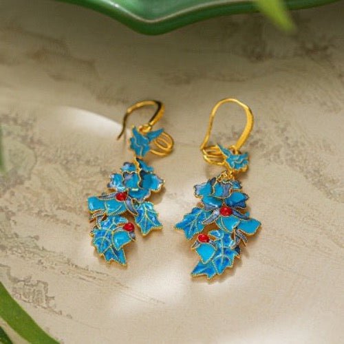 Chinese Royal Cloisonné Earrings-Phoenix n Flower