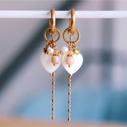 Stainless steel wide hoop earrings with twisted ring, hearts, facet and small chain - mother-of-pearl/nude