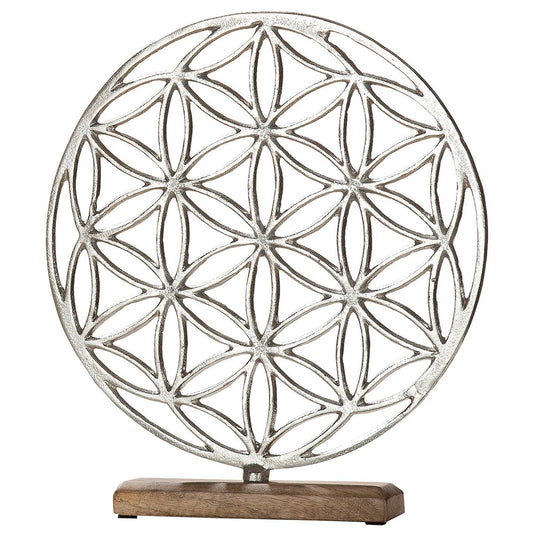 Aluminum flower of life on a wooden base