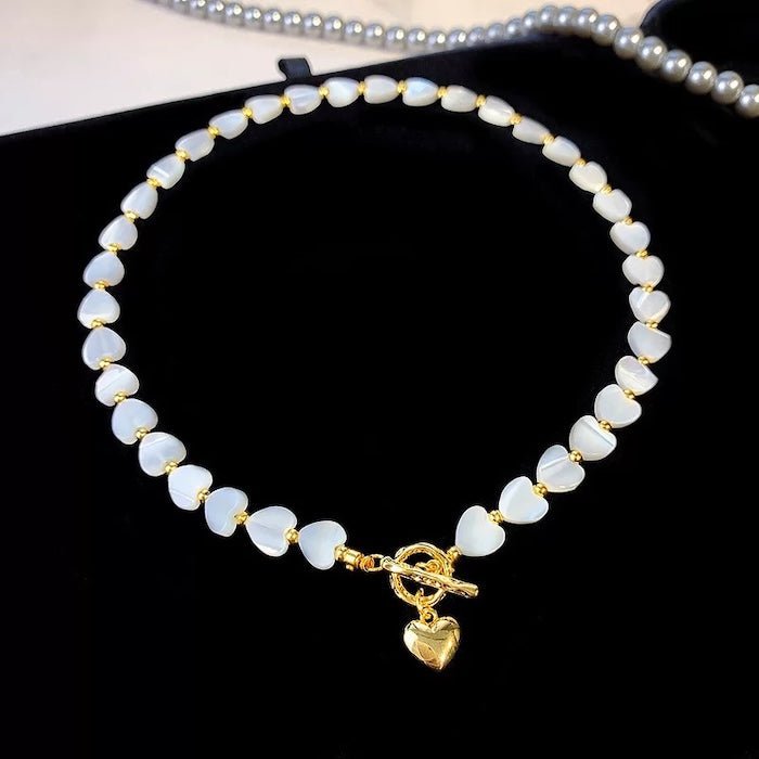 Mother of Pearl Heart Beads Necklace with OT Buckle