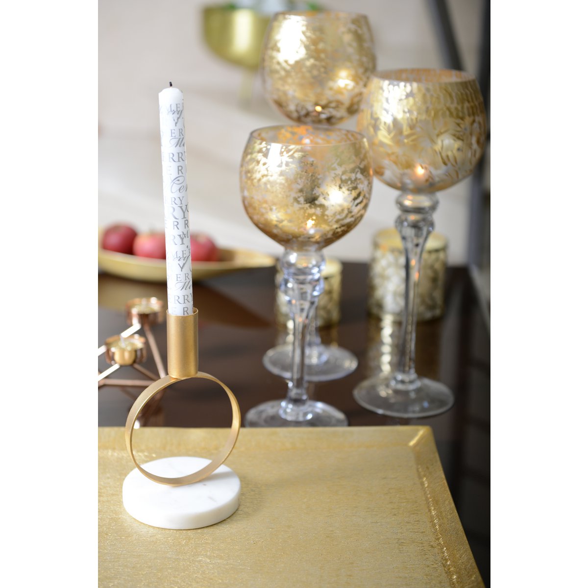 ROUND MATT GOLD CANDLE HOLDER WITH MARBLE HOLDER H. 17 CM