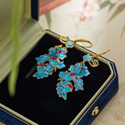 Chinese Royal Cloisonné Earrings-Phoenix n Flower