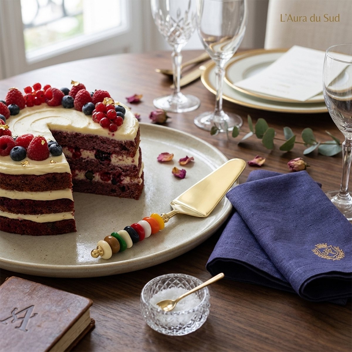 Golden pie server with multi-colored stone handle