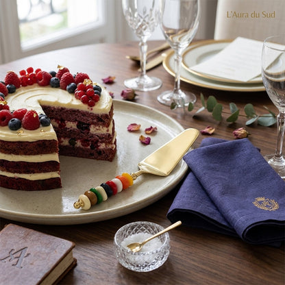 Golden pie server with multi-colored stone handle