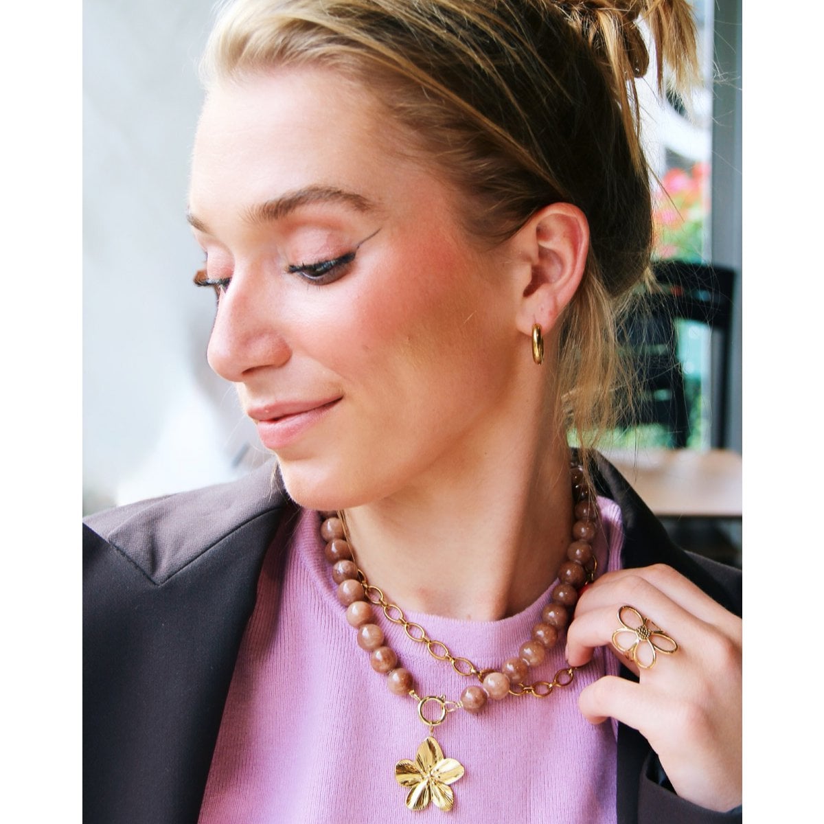 Natural stone bead necklace XL - brown