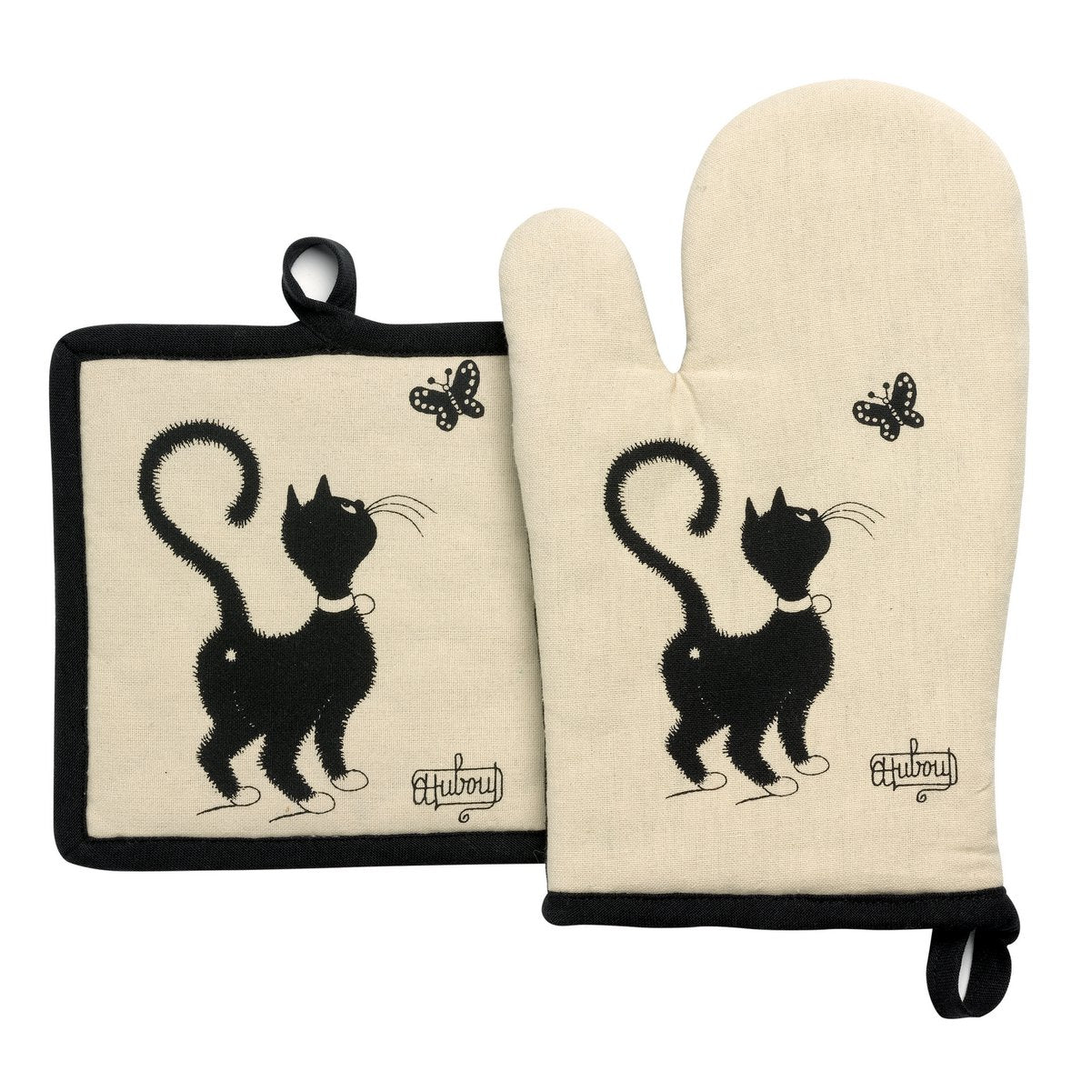 Oven mitt + Potholder Dubout Chat Papillon Beige 18 x 28